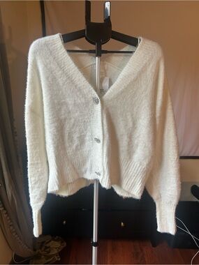 H&M White jeweled button up cardigan sweater-- Large- NEW with tags
